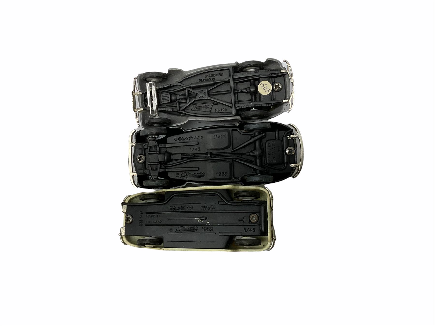 Somerville Models - three 1/43 scale Handcrafted Mastermodels comprising Saab - 92 (1950); No.121 Volvo PV 444A; and No.106 Standard Flying 12; all boxed (3)