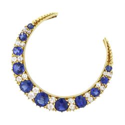 19th / early 20th century gold sapphire and diamond crescent brooch, set with eleven gradu...