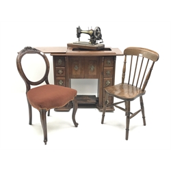 Late 19th century walnut cased 'Singer' sewing machine (W87cm, H79cm, D45cm), 20th century farmhouse style chair with elm seat and a Victorian balloon back chair carved with flowers  