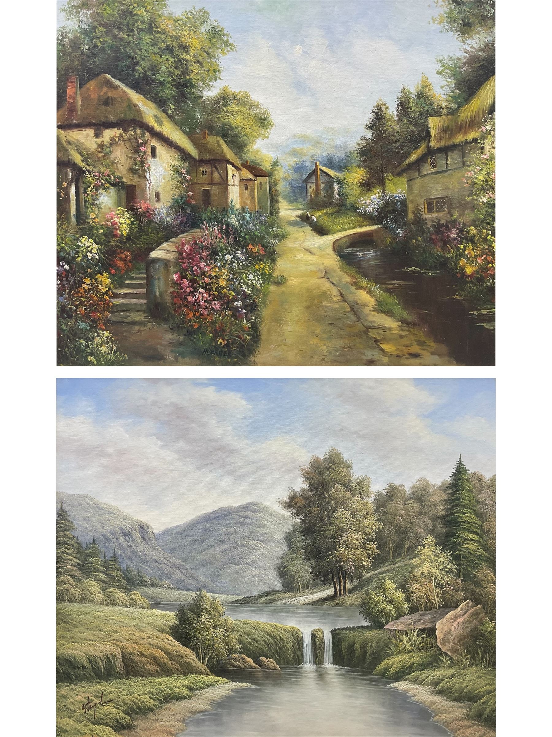 H Berner (20th century): Cottages in Spring, oil on canvas board signed, together with a similar landscape oil on canvas 50cm x 60cm (2)