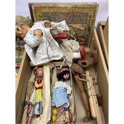 A group of assorted toys, to include two boxed Pelham puppets, SS Tyro Girl, and JC Mother, a Furga Italy doll, children's book The Art that glue built by Clara Andrews Williams Illustrated by George Alfred Williams, reproduction Pollock's original Victorian theatre, quantity of Britain's and other lead farm animal figures, etc. 