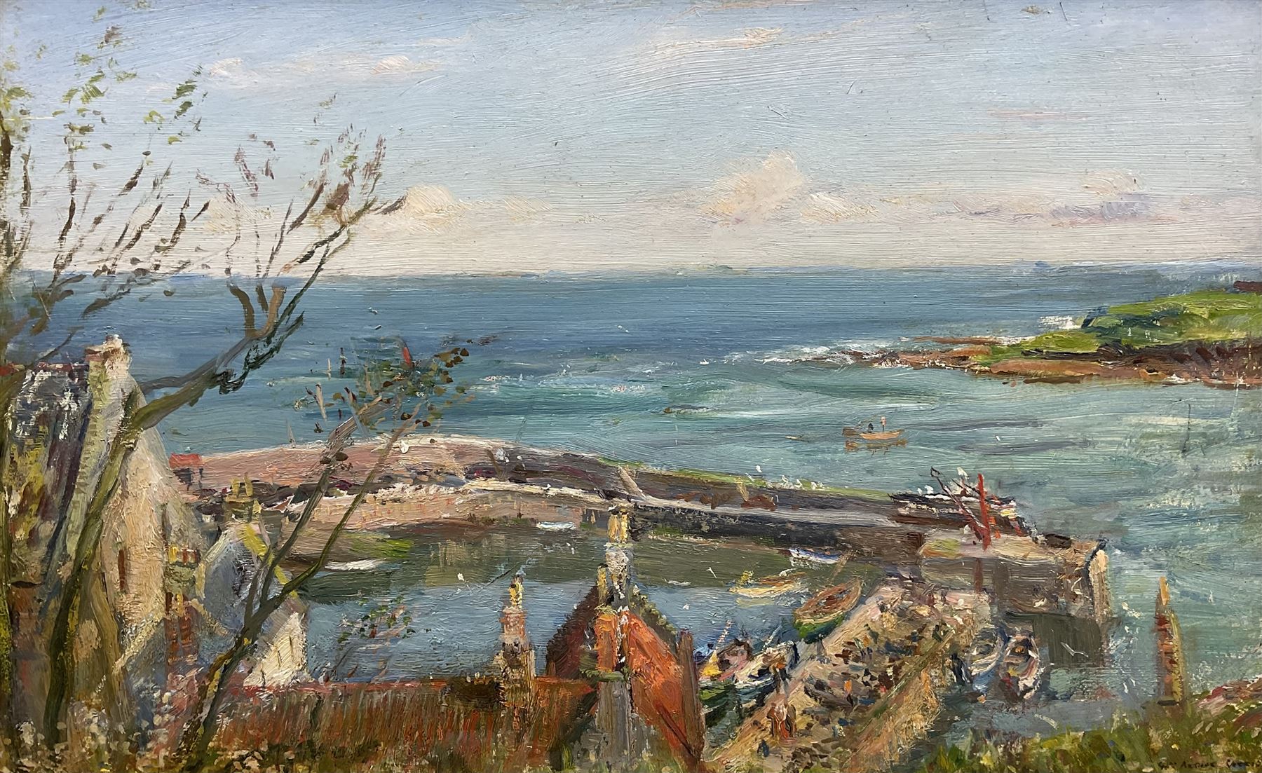 William Arthur Laurie Carrick (Scottish 1879-1964): View over Stonehaven Harbour, oil on board signed 34cm x 55cm