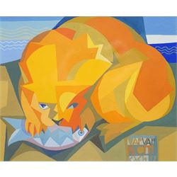 Russian School (Contemporary): Cubist Cat Supper, gouache indistinctly signed and dated '99, 20cm x 24cm