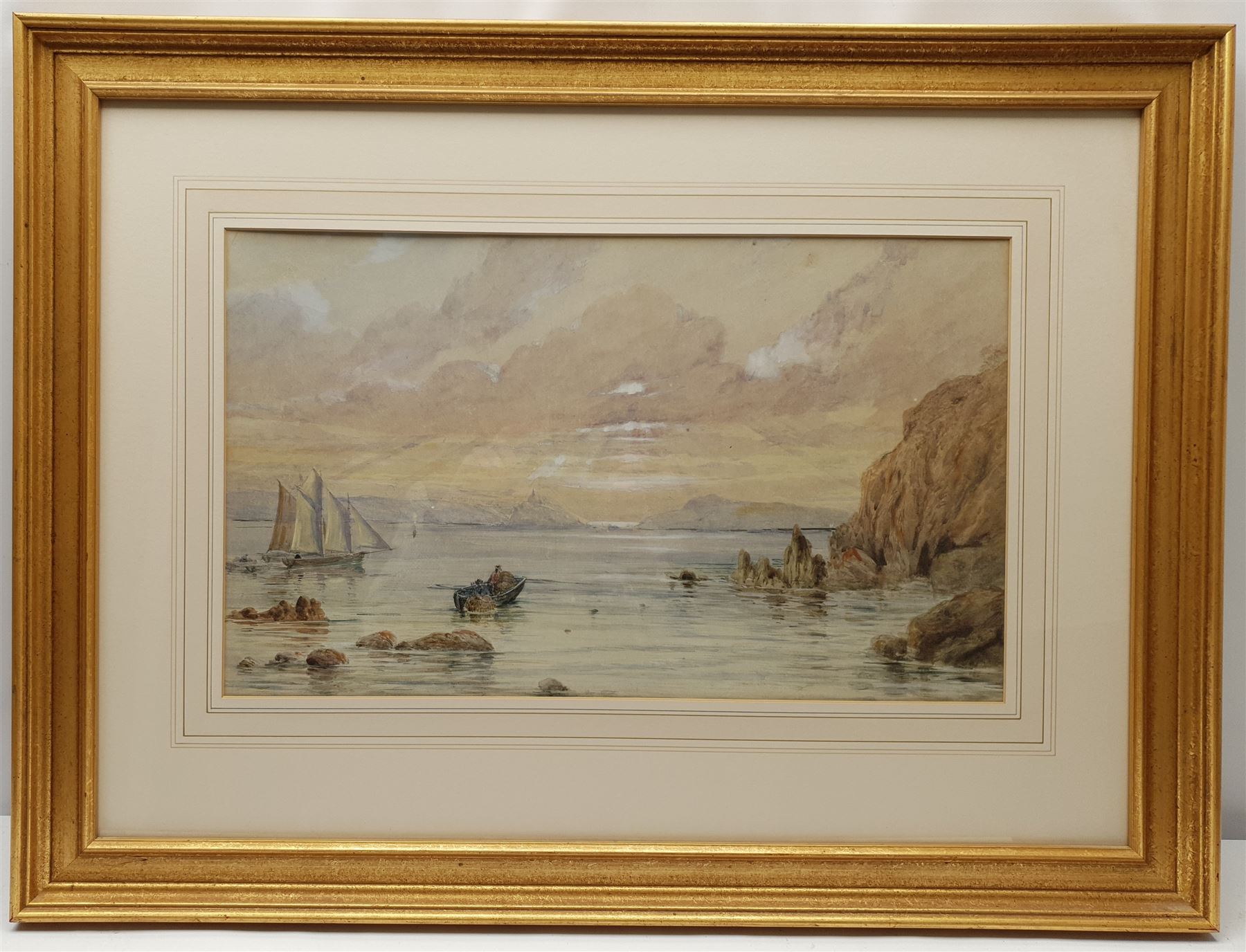 English School (Early 20th century): Fishing in a Rocky Cove, watercolour unsigned 31cm x 53cm