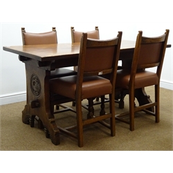  Early 20th century oak refectory dining table, dragon carvings, single stretcher, solid end supports with arched feet (W152cm, H79cm, D76cm) and four chairs with upholstered back and seat with turned tapering reeded supports  