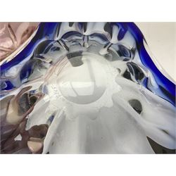 Two Whitefriars glass jugs, together with a Swedish Pukeberg art glass vase and three art glass bowls, including large pink example, some signed to base, tallest H30.5cm