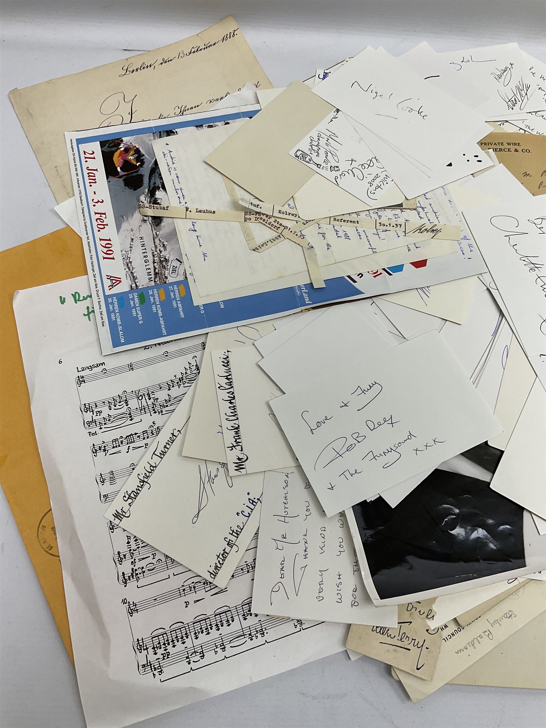 Collection of over 600 autographs on cards, clipped pieces, letters etc including William Gladstone, Lord North, Randolph Churchill, Hugh Dalton, Philip Noel-Baker, Philip Burne-Jones, Tiger Woods, Ben Hogan, Cindy Crawford, Viv Nicholson, Roddy Doyle, Diana Cooper, Woody Allen, Roy Orbison, Mary Wilson, Sammy Davis Jr., Clive Brook, Roger Quilter, Chay Blyth, Chris Bonington, John Lodge, Trevor Bayliss, Penelope Wilton, Tom O'Connor, Charles Aznavour, Alan Tichmarsh, Michael Ball, Thelma Barlow, Jack Brymer, Paul Badura-Skoda, John Lill, John Conteh, Charlotte Knollys, Arthur Godfrey, Eric Sykes, Queen Noor of Jordan, Victoria Gledenning, Madeleine Albright etc