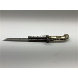 Rare double barrel percussion knife pistol by Dumonthier & Sons (NVN), approx. .38 calibre, with 8.5cm barrels and central 21.5cm spear pointed blade, all with etched damascening, upper quillons serve as hammers for the percussion ignition with single drop down trigger and fluted nickel grips, in nickel mounted leather covered tin scabbard L33.5cm overall