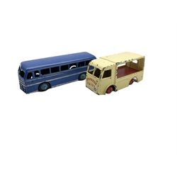 Dinky - six unboxed and playworn die-cast models comprising AA Motorcycle Patrol; Duple Roadmaster Leyland Royal Tiger; Supertoys Foden Tanker; Austin Wagon 'Eat More Buy More'; crane wagon with searchlight; and N.C.B. Electric Van (6)