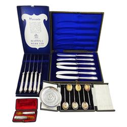 Cased set of silver handled cheroot holders makers mark J.T, Birmingham 1902, set of five silver coffee spoons, silver Chinese silver dish, silver mother of pearl book mark, set of six silver handled knives and five other silver handled knives, all hallmarked or stamped