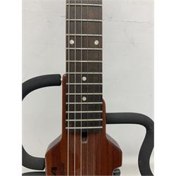 Aria Sinsonido mahogany electric travel guitar, serial no.0502385 L86cm; in original gig bag with earphones and GM11 Minituner; together with Fender Sidekick Reverb 25 amplifier and Marshall MG Series 15DFX amplifier (3)