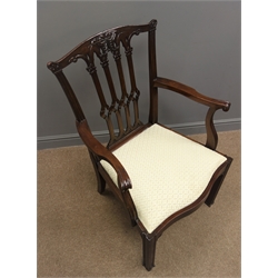  Set six Chippendale style mahogany dining chairs (4+2), upholstered seats, square moulded supports  