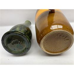 Burmantofts Faience vase, with elongated neck, and concentric circle decoration, in a green lustre glaze, together with a Bretby figure, modelled as a cat with a ball of wool, a Bretby vase, with fluted rim, in orange/red glaze, frog jug and a large West German vase, tallest H38cm