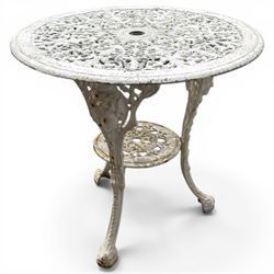 Victorian cast iron white painted garden table with aluminium top and cast iron chairs