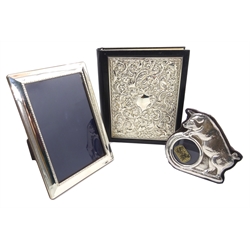  Ex retail: silver freestanding photograph frame 18cm, pig photograph frame and a silver mounted leather five year diary  