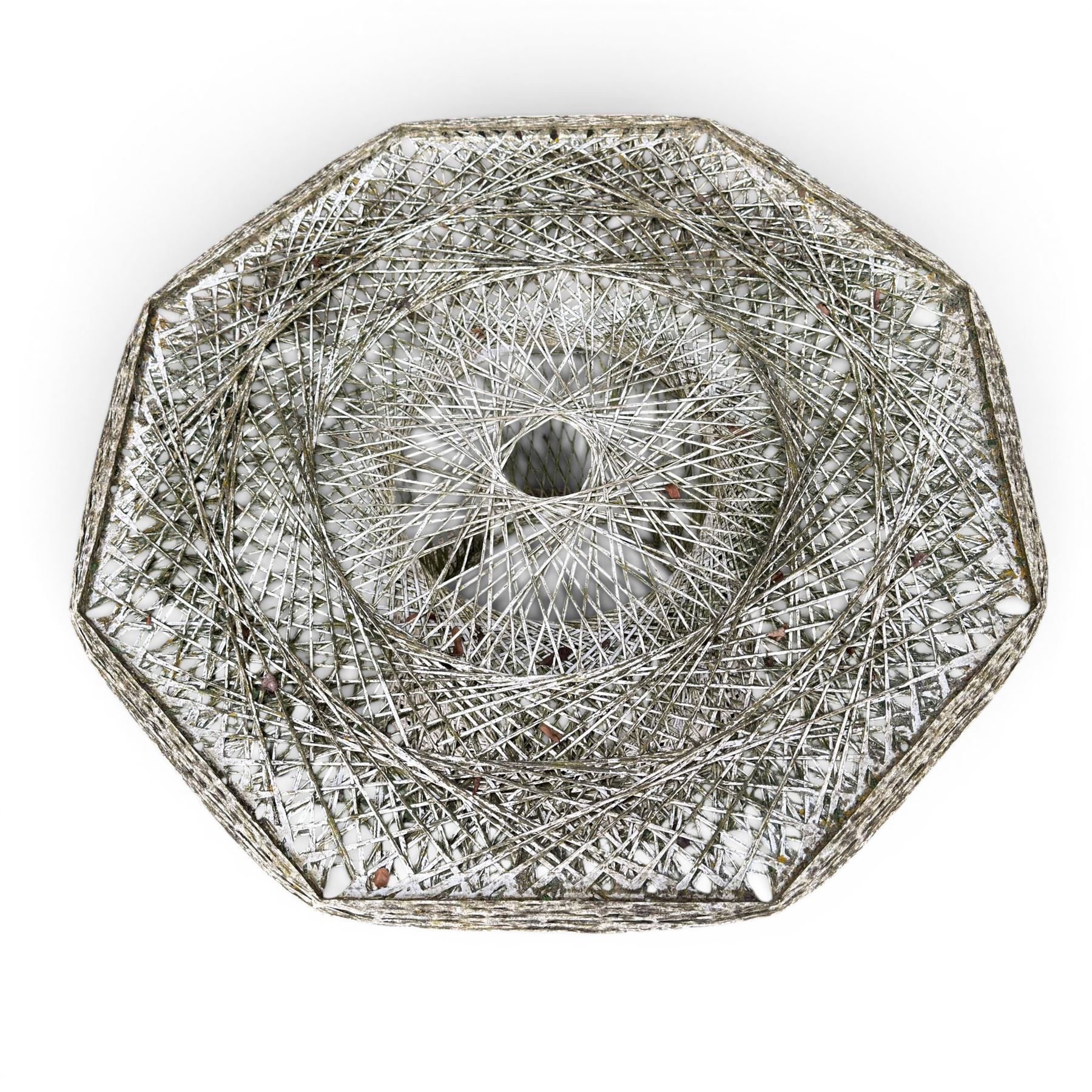 Two French early 20th century painted wicker octagonal garden tables, circular pedestals with parasol opening; with matching side table (3)