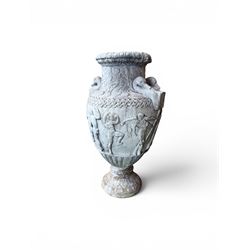 Early 20th century painted plaster classical urn, detailed with swan necks and mythical scenes