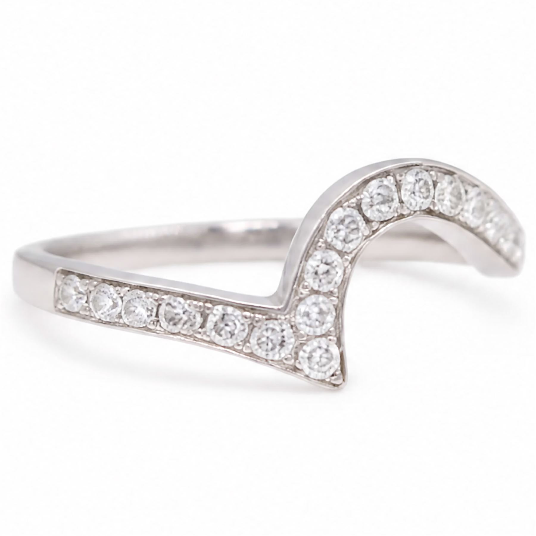 18ct white gold diamond abstract wishbone ring, channel set with twenty round brilliant cut diamonds, hallmarked