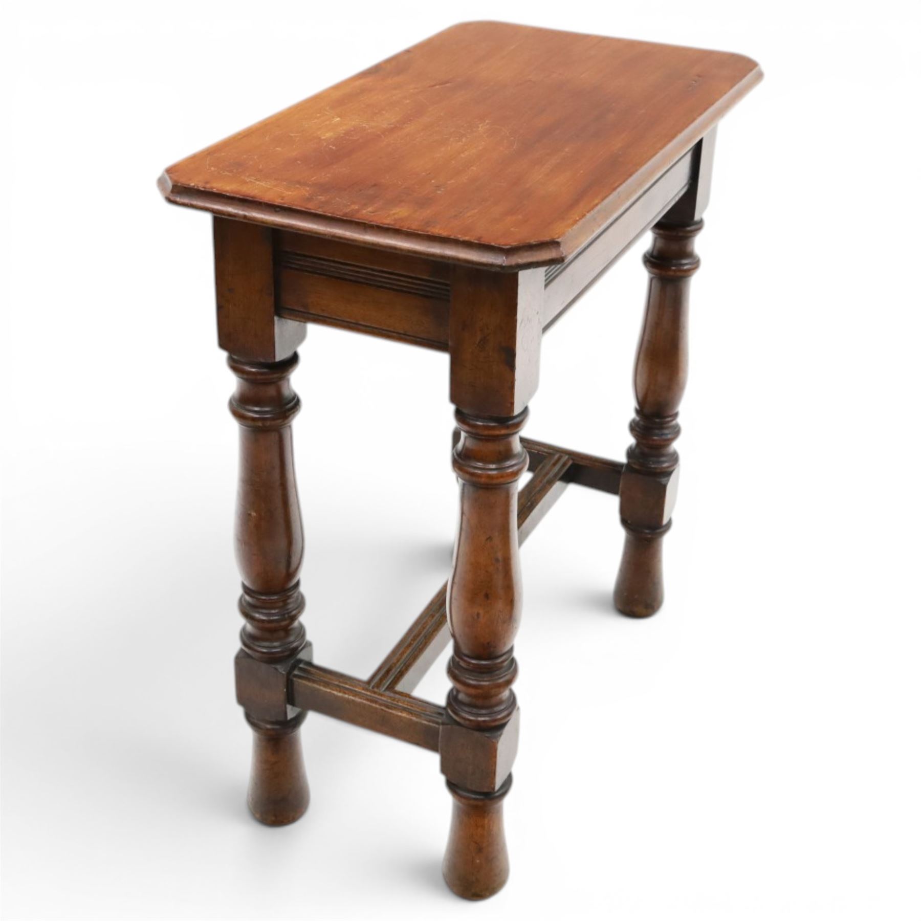 Victorian oak extension table or side table, rectangular moulded top with rounded corners, pull-out extending action, reeded frieze, on turned supports united by H-shaped stretchers