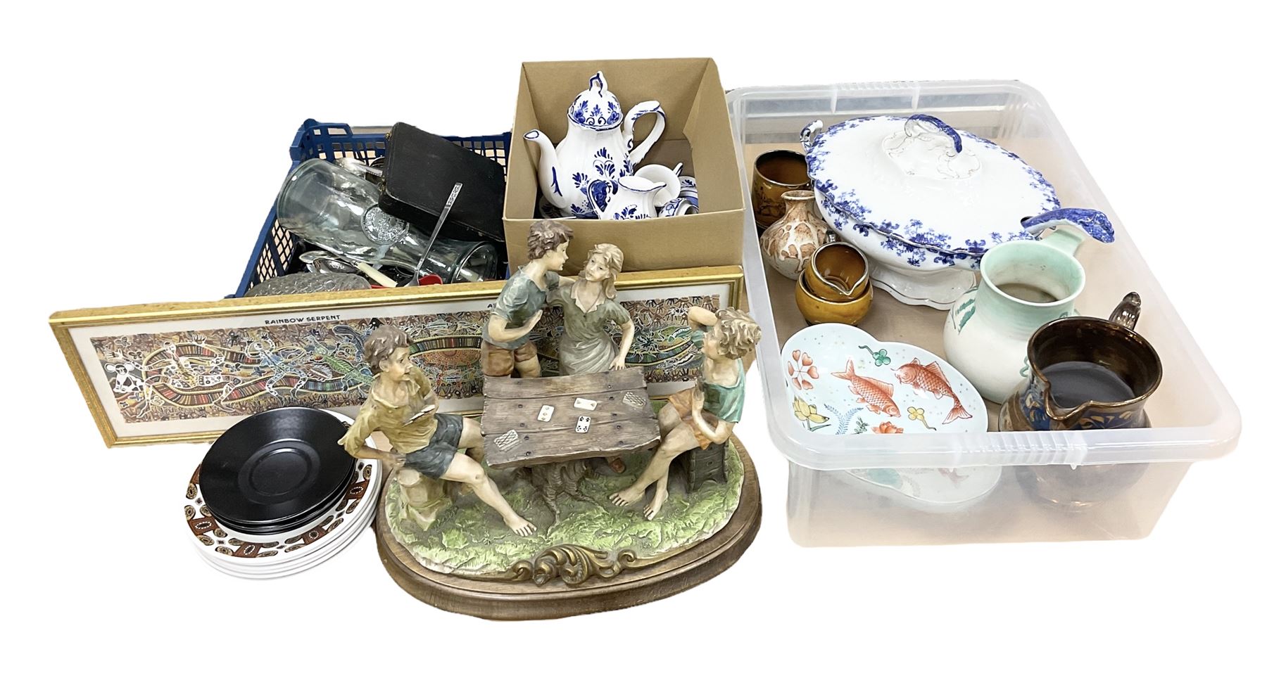 Elesva Holland blue and white part tea service, Capodimonte style figure group 'The Card Players', Oriental bowl of shallow form decorated with painted koi fish and sea plants, L25cm and Quantity of cutlery to include silver plated examples, together with glass carafe and decanter with stopper, Framed Aboriginal Art Print, by Danny Eastwood, ceramics etc