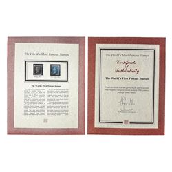 Queen Victoria 1840 penny black stamp, red MX cancel and 1841 two penny blue white lines added, with Westminster information sheet