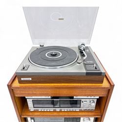 Vintage teak hi-fi cabinet comprising Realistic SCT-90 tape deck, STA 2270 receiver, Optimus 45 stereo speakers, Pioneer PL-1120 turntable,  Panasonic DVD 535 player 