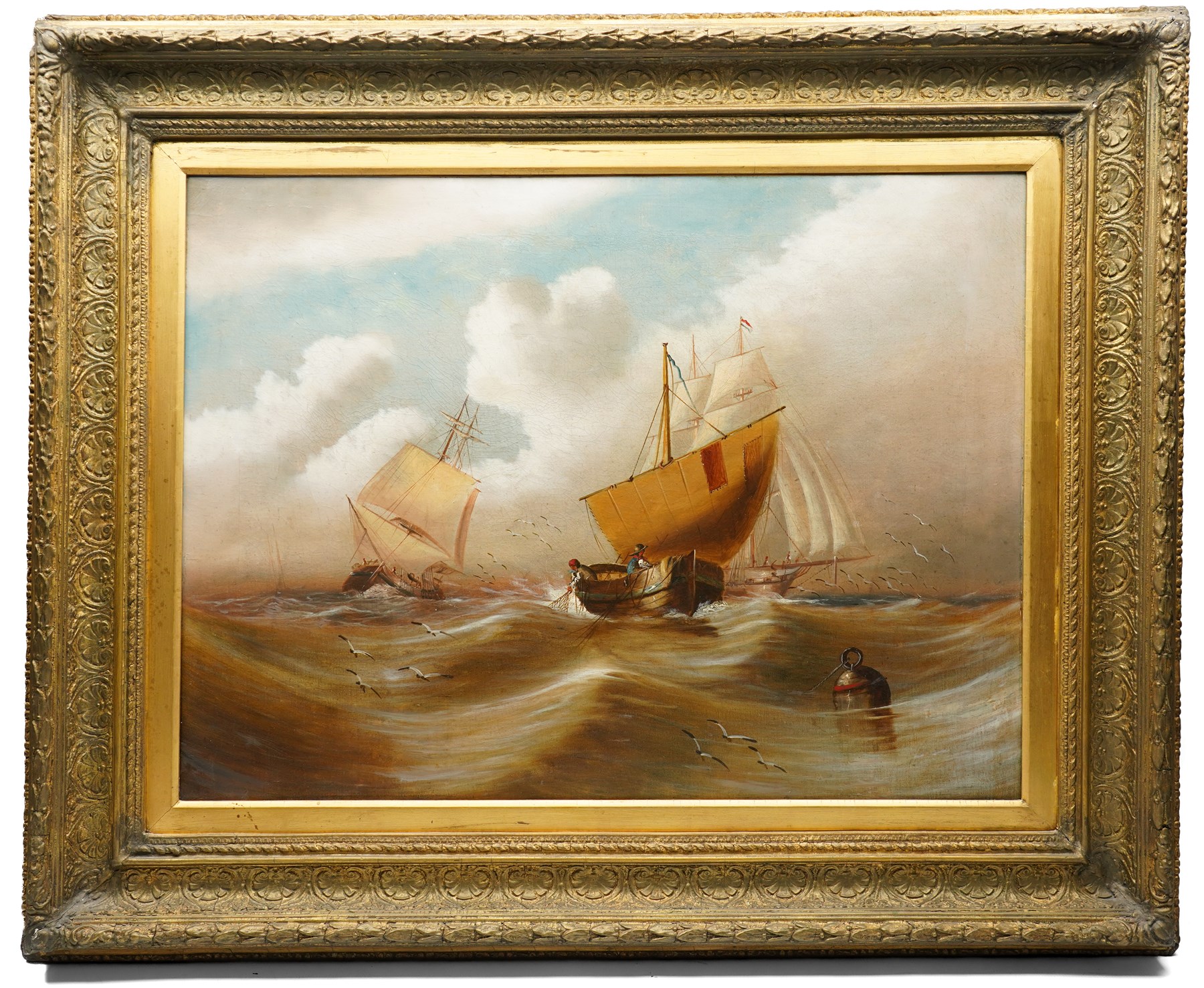 English School (Early 20th century): Fishing in Calm and Rough Seas, pair oils on canvas unsigned, in matching heavy antique gilt frames with repeating anthemion decoration 60cm x 80cm (2)