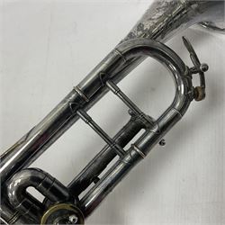 Victorian Class A silver plated trumpet retailed by Kitchen & Co,29 Queen Victoria Street Leeds, 1897 with mouthpiece/slide and in its original felt lined box
