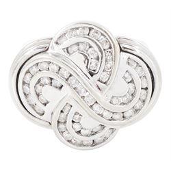 14ct white gold diamond knot design ring, channel set with fifty-two round brilliant cut d...
