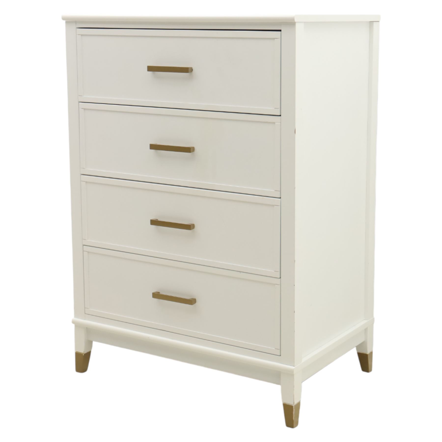 Dorel Home - Modern chest of drawer, white painted rectangular top above, four drawers with bronze metal handles, on tapered supports 