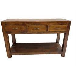 Hardwood sideboard, fitted with three drawers over undertier 