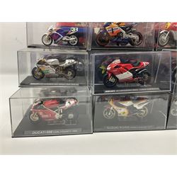 Fifty-one die-cast models of motorcycles by Maisto, Protar Italeri, Welly etc; many in perspex display boxes, some in window boxes and some unboxed