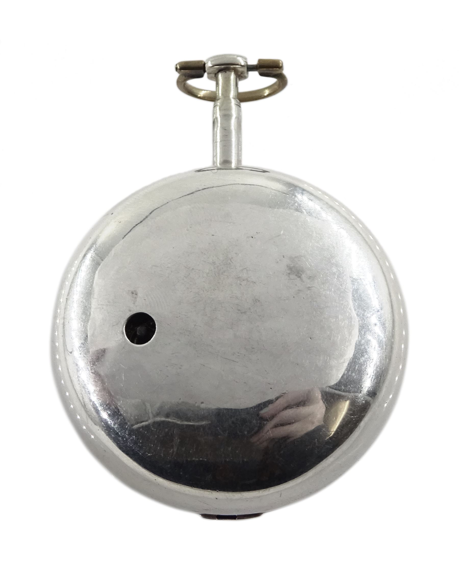 George III silver pair cased verge fusee pocket watch by Richard Tompion, Liverpool, No. 3801, round baluster pillars, pierced and engraved balance cock decorated with a heart, white enamel dial with Arabic numerals and outer quarter markers, beetle and poker hands, bull's eye glass, case by Henry Harding, Birmingham 1792