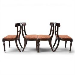 Set of eight 20th century solid rosewood dining chairs, upholstered drop in seats, on oak stretchers, made by Gott's of Pickering and T Feetam of Hull, stamped on all chairs, seat height 47cm