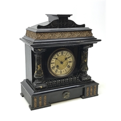  Victorian simulated black slate and marble Architectural cased mantel clock, single train movement, H43cm, W37cm, D19cm  