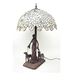 Large Tiffany style lamp, the bronze finish base modelled as a lady walking two Labradors with leaded style shade, H75cm 
