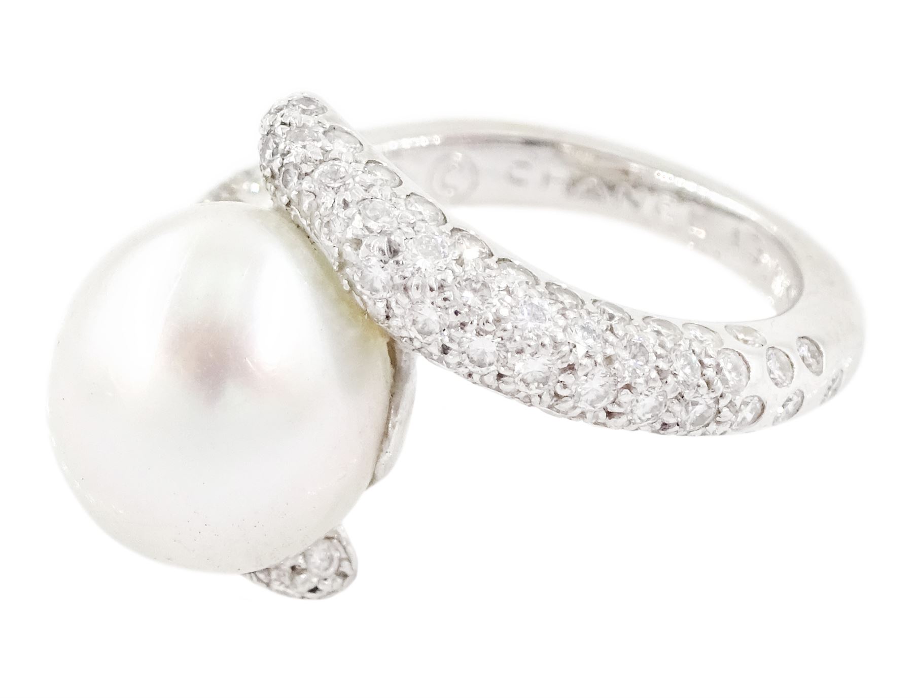 Chanel 18ct white gold pearl and diamond crossover ring, single cultured white / grey pearl, with pave set round brilliant cut diamond shoulders, hallmarked