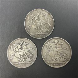 Three Queen Victoria crown coins, dated 1889, 1890 and 1891