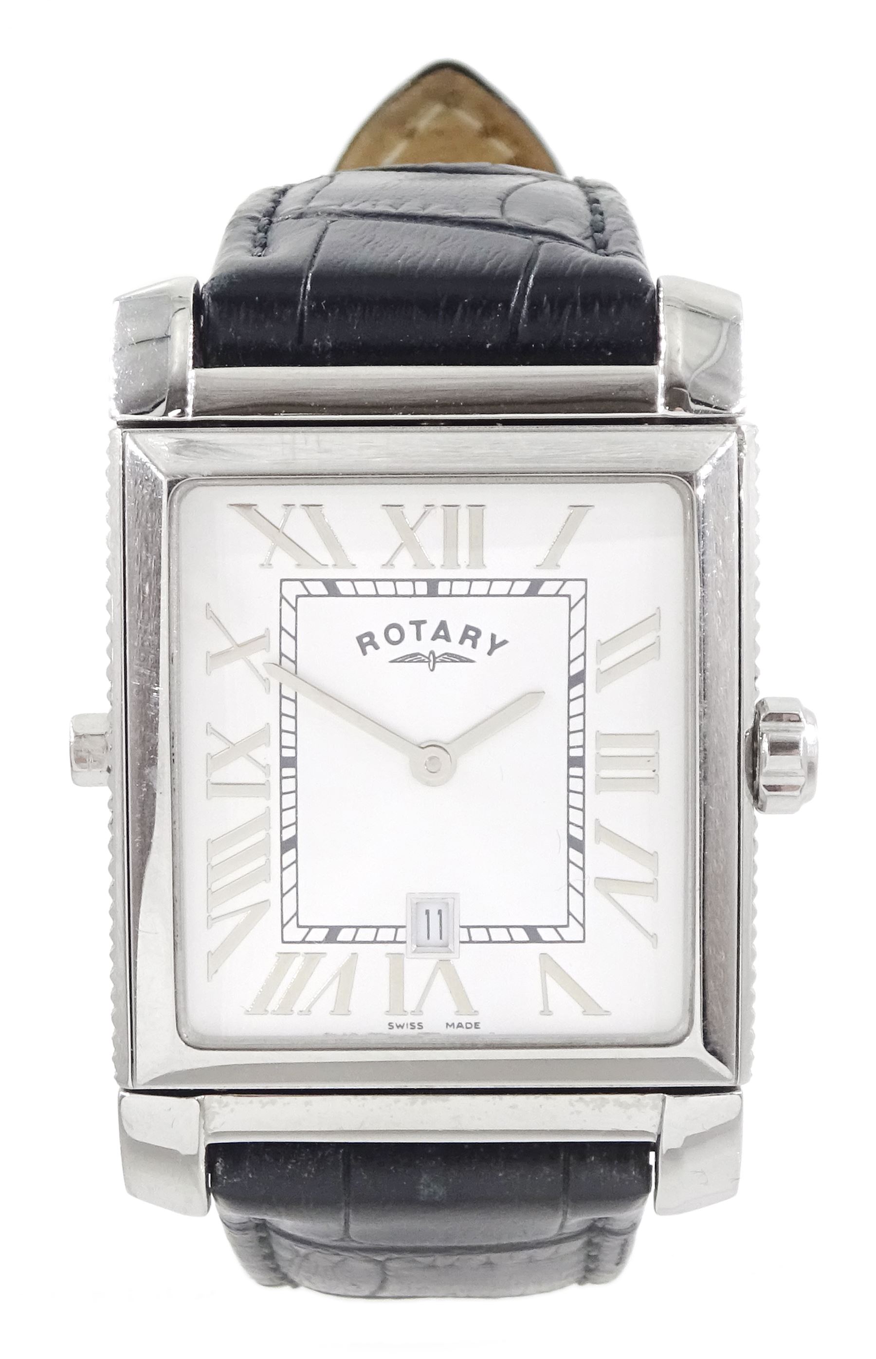 Rotary Revelation reversible night and day gentleman's stainless steel quartz wristwatch, silvered dial with Roman numerals, reversing to a second black dial with baton hour markers, both with subsidiary seconds dials, on original black leather strap, with fold-over clasp, boxed with guarantee dated 2008