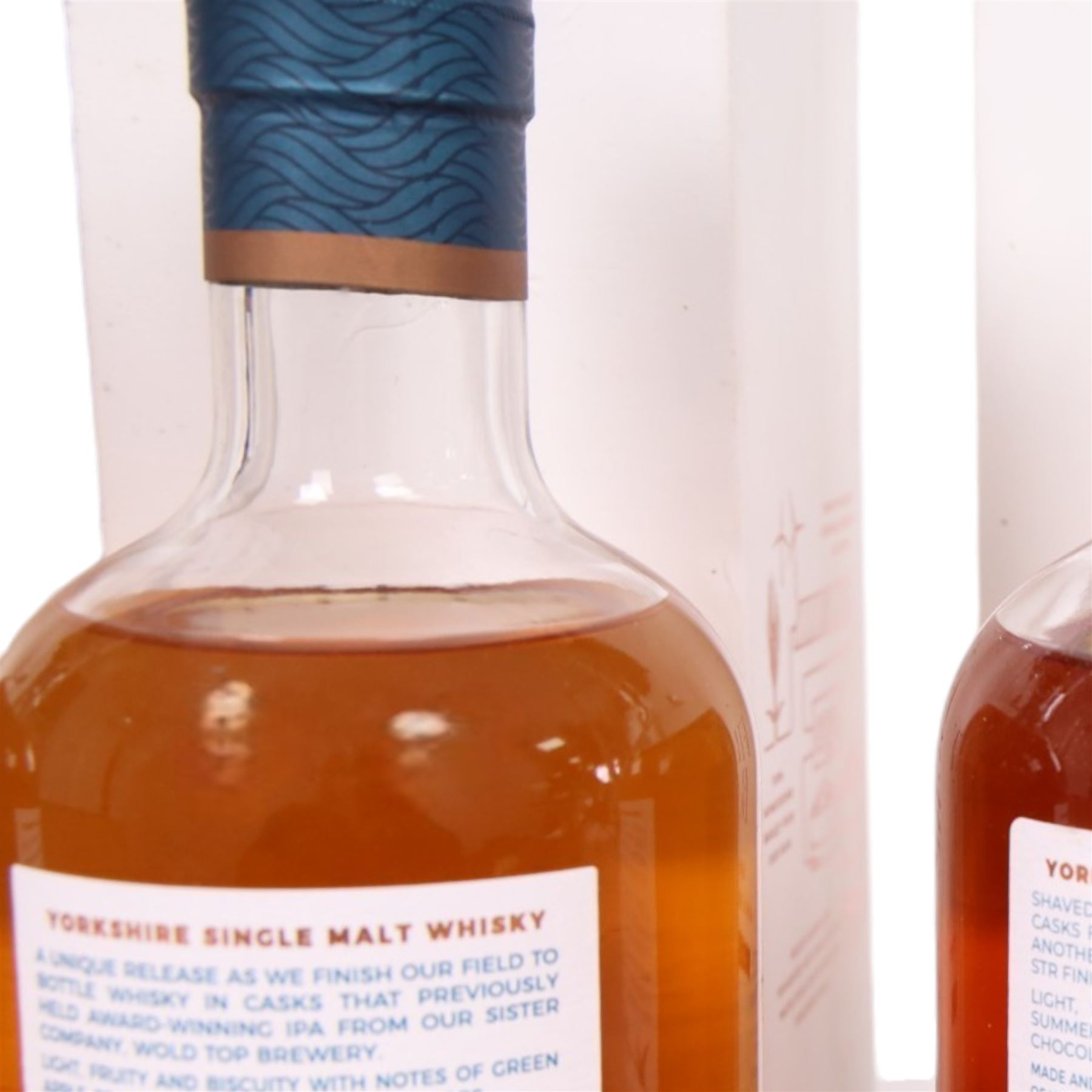 Spirit of Yorkshire Distillery, Filey Bay IPA Finish first batch single malt whisky, 70cl 46% vol, STR Finish  single malt whisky, 70cl 46% vol, Moscatel Finish  single malt whisky, 70cl 46% vol and Flagship  single malt whisky, 70cl 46% vol 