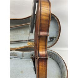 Mid-19th century German violin with 36cm two-piece maple back and ribs and spruce top, bears label 'Riccardo Antoniazzi Cremonese fece in Milano l'anno 1896' L59.5cm overall; in walnut case with two part bows