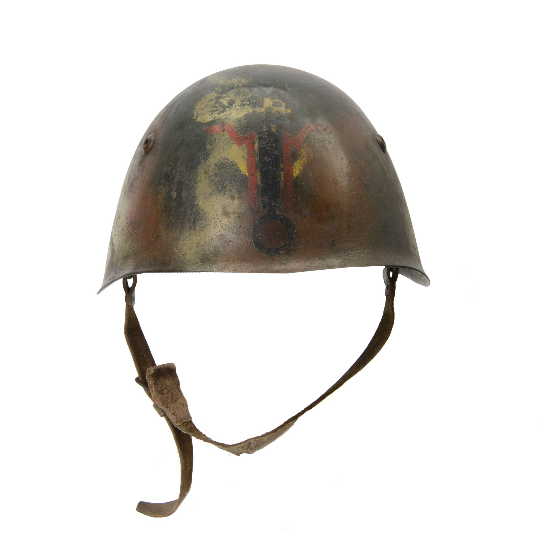 Italian RSI/10th M.A.S. Flotilla (Decima Flottiglia MAS). M33 Camouflage helmet- re-issued to the G.N.R. Circa.1944/45
extremely rare Italian M33 steel helmet in camouflage paintwork which belongd to the famous 'Decima Flottiglia MAS' the Italian Elite Naval Commandos. The helmet retains the Italian tri-colour to oneside, the yellow anchor to the front and the red X to the other side. the helmet is complete with its correct liner and chinstrap. When it was re-isseued it was painted in camouflage with the new insignia to the front of the G.N.R. 'Guardia Nazionale Republican' and this camouflage was only used to the latter part of WWII by R.S.I (Repubblica Sociale Italiana)   