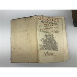 Sancti Gregorii Magni Papae Primi Opera , Sixti V Pont Max Iussu .... 1640 Paris. Two volumes in one with engraved galleon to each title page; R.P. Joan. Stephani Menochij Doctoris Theologi E Societate Jesu .... Editio Novissima .... Tomus Primus. 1683 Lugduni Francisci Comba; and two other similar leather bound folio volumes lacking title pages (4)