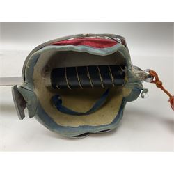 Reproduction Scottish basket hilted broadsword with 85cm double edged steel blade and red lined basket hilt with wire bound grip, in white metal mounted leather scabbard 107cm overall