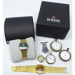  RADO elegance wristwatch, cased, gents Rotary wristwatch with gold-plated bracelet, silver pocket watch the inner case scratched 'AR 8410 Boer War 1900', two other pocket watches, one silver, fob watch etc  