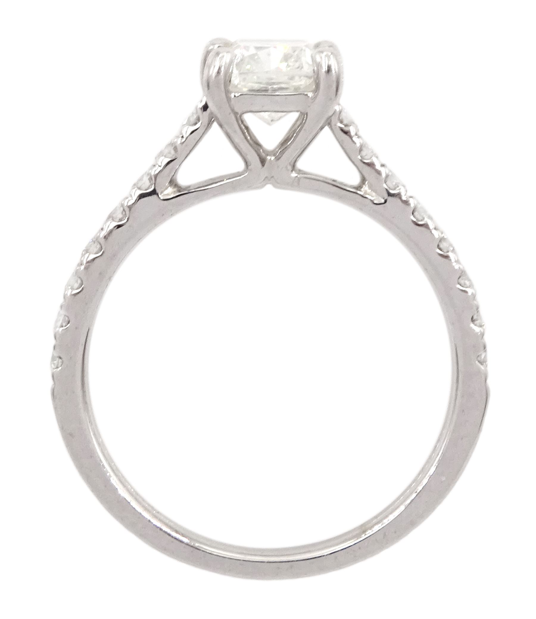 18ct white gold single stone cushion cut diamond ring, with diamond set shoulders, hallmarked, principal diamond 1.01 carat, with International Gemological Institute Report