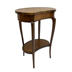 French style walnut parquetry kidney shaped table, fitted with frieze drawer, on cabriole supports united by undertier