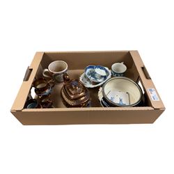19th century and later ceramics, including Sunderland lustre mug, with agricultural scene and quote, together with lustre teapot and jugs, bowl with silver rim, Sampson dish, English blue and white tea bowls and saucers, blue and white tile, etc