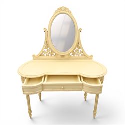 French Louis XV design cream painted dressing table and matching stool, kidney shaped top, with tilting oval mirror, carved uprights raised on fluted and turned supports 