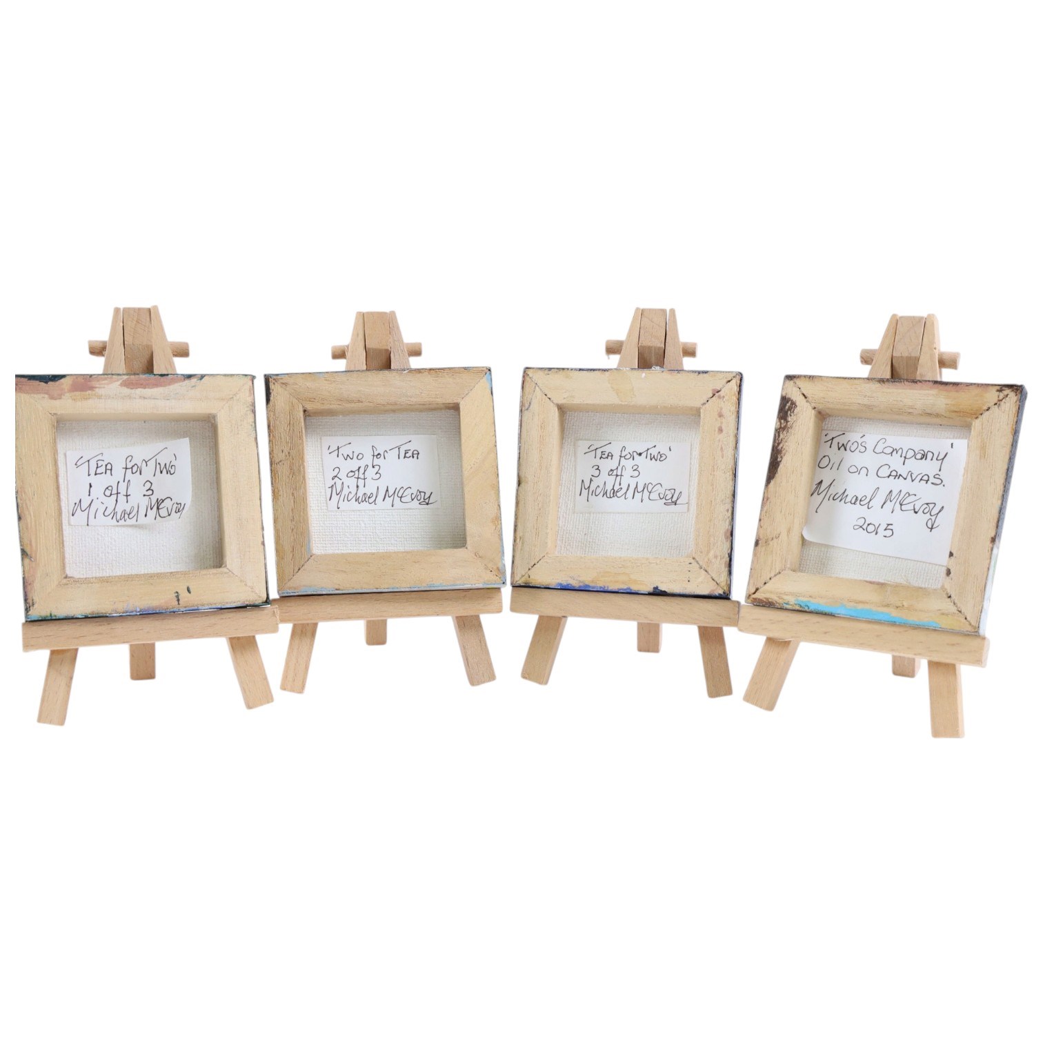 Sandra L Strohschein (American Contemporary): Lively Seascape, watercolour signed 22.5cm x 48cm; Michael McEvoy (British Contemporary): 'Tea for Two' and 'Two's Company', set of four miniature oils on canvas, signed and titled on label verso, with easels 7cm x 7cm (5) (four unframed)
